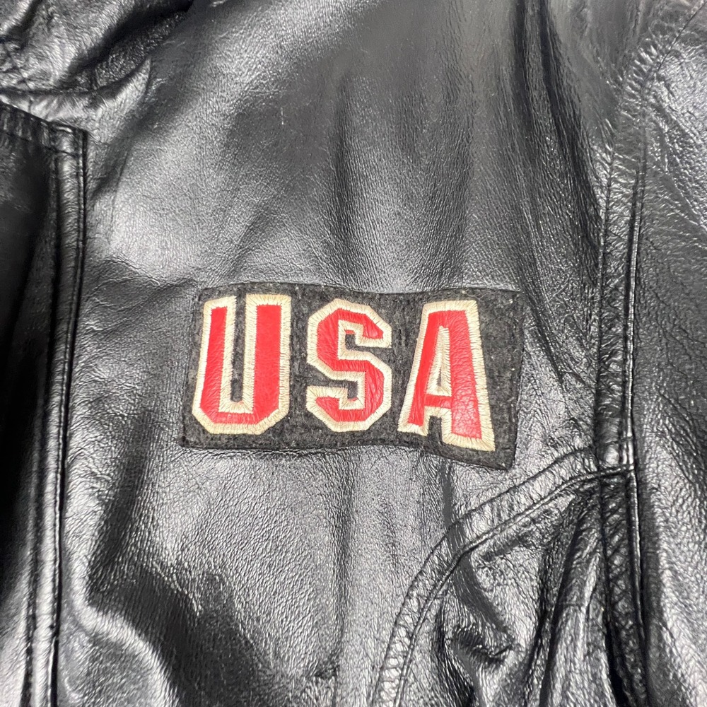 Leather Bomber Jacket Mens L Black USA Eagle Patriotic Biker Vintage Rocker - Picture 4 of 16